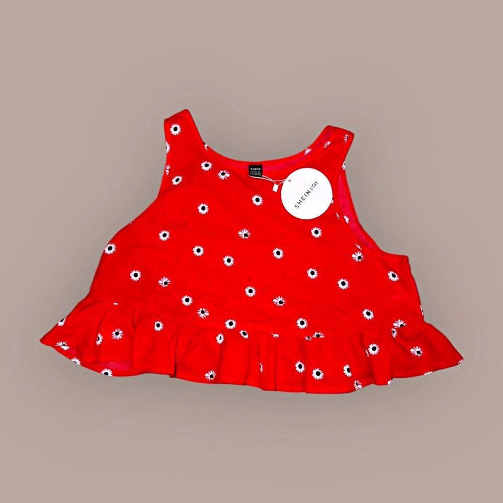SHEIN VCAY Women's Large Red Daisy Floral Peplum Tank Top NWT